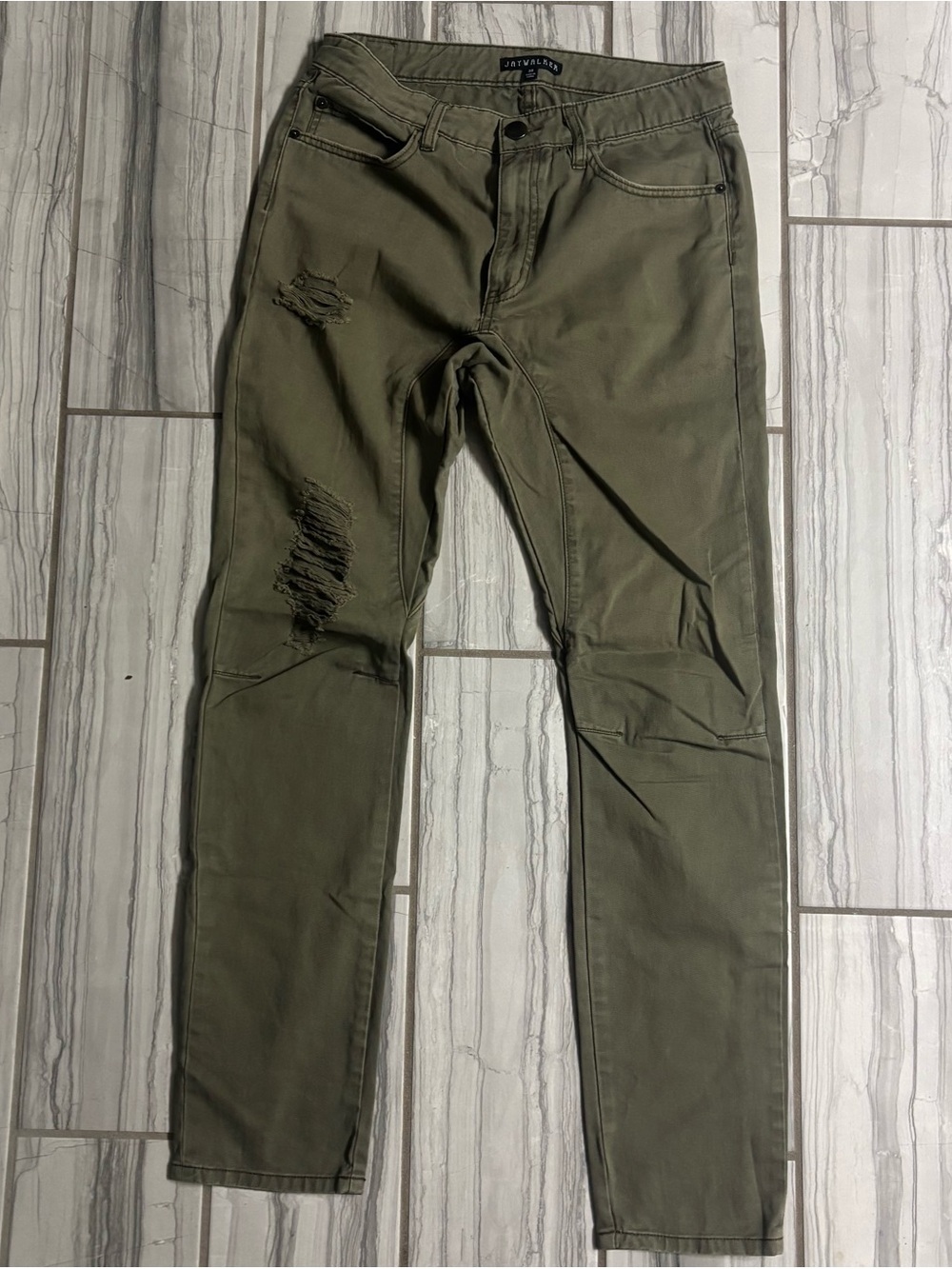 Dark Olive Skinny Jeans for Men with Distressed Detail